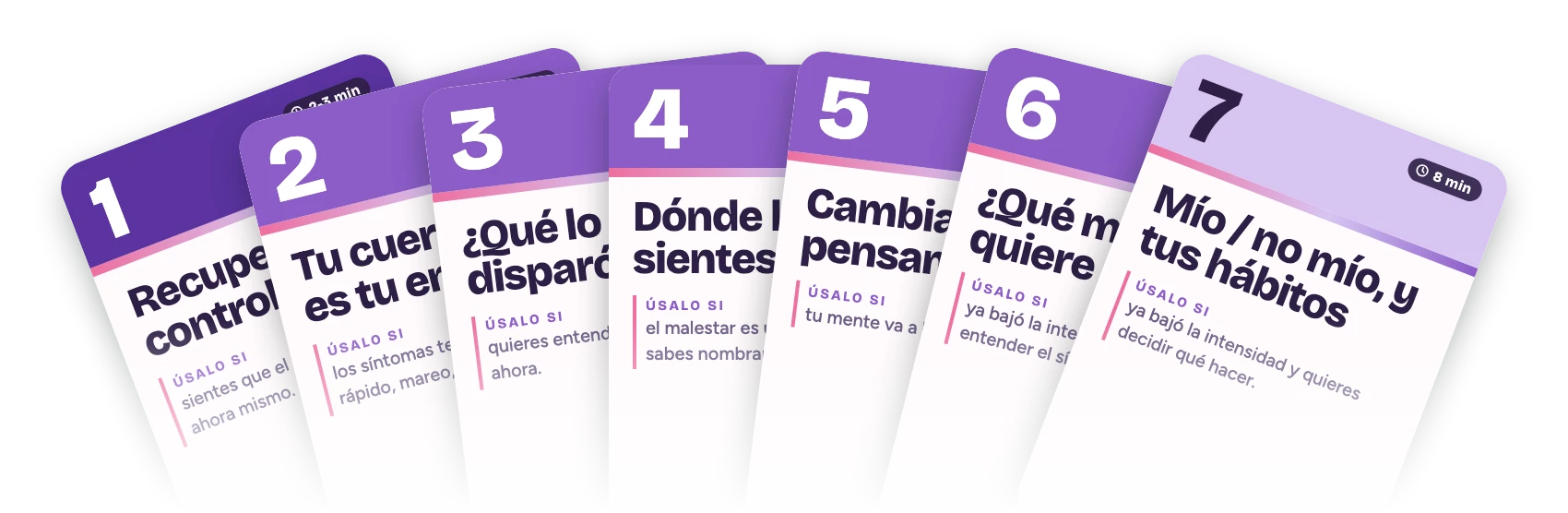 Los 7 pasos del Botiquín Método 7, tarjetas de colores numeradas del 1 al 7